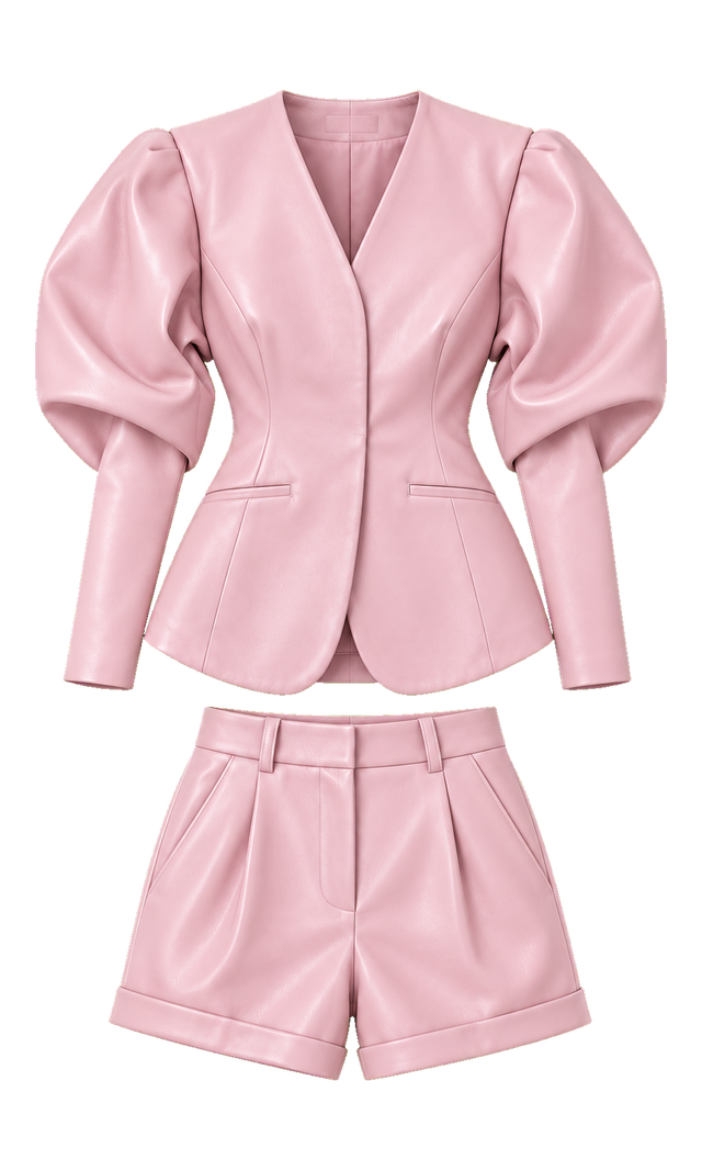 Sculpted-Sleeve Faux-Leather Blazer and Shorts Set, Blush