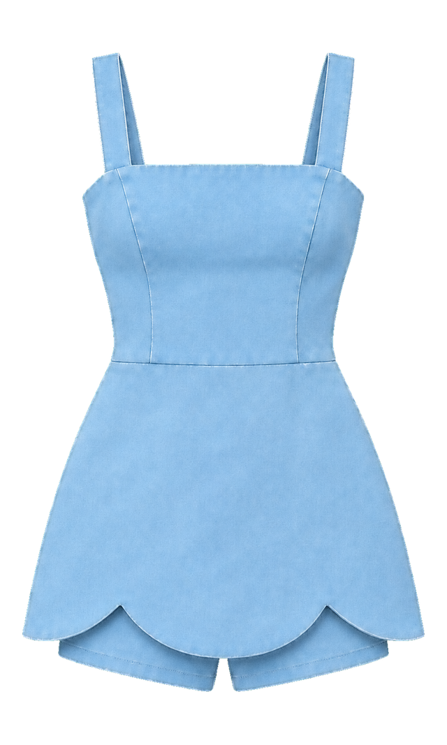 Scalloped-Hem Cotton Mini Romper, Light Wash