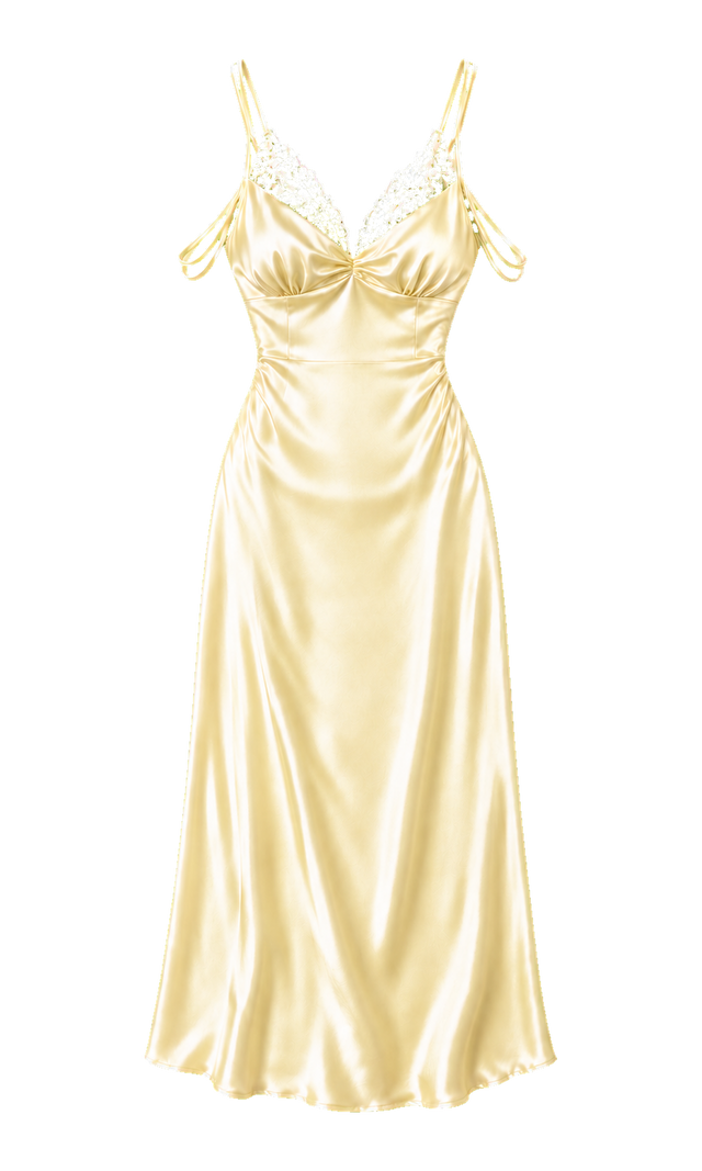Lace-Trim Slip Midi Dress, Yellow