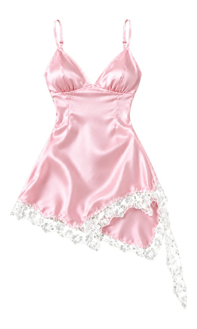 Lace-Trim Asymmetric Slip Dress, Pink