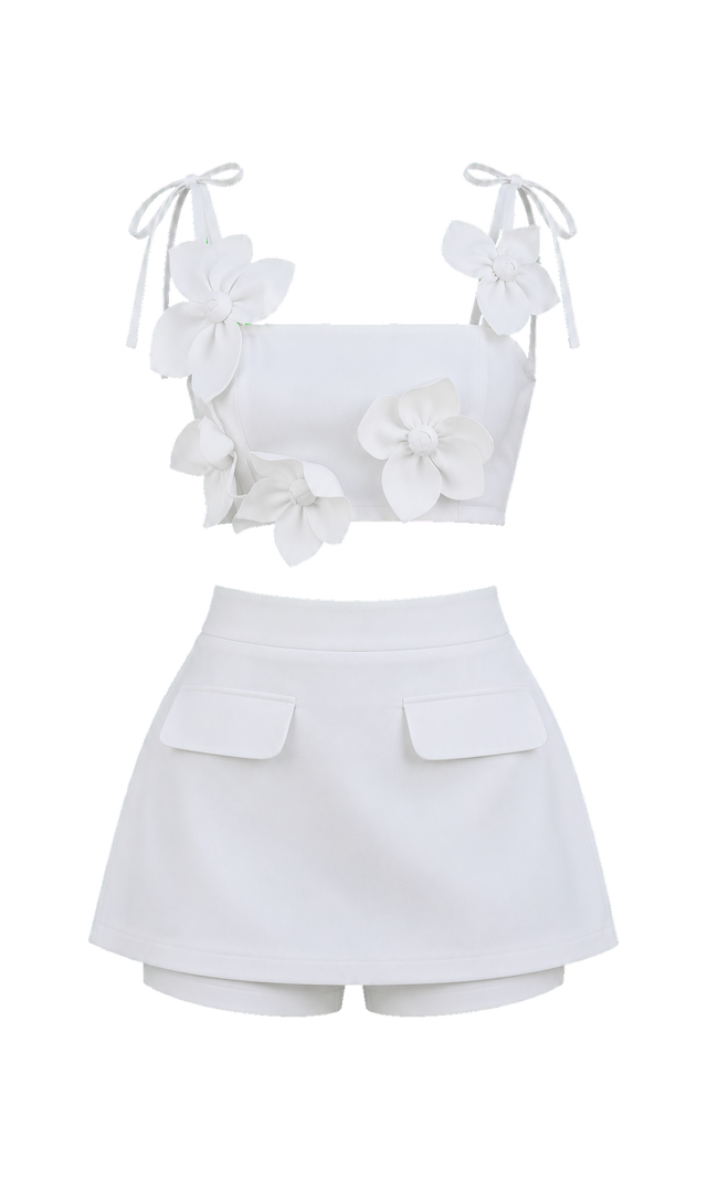 Floral Appliqué Crop Top and Skort Set, White