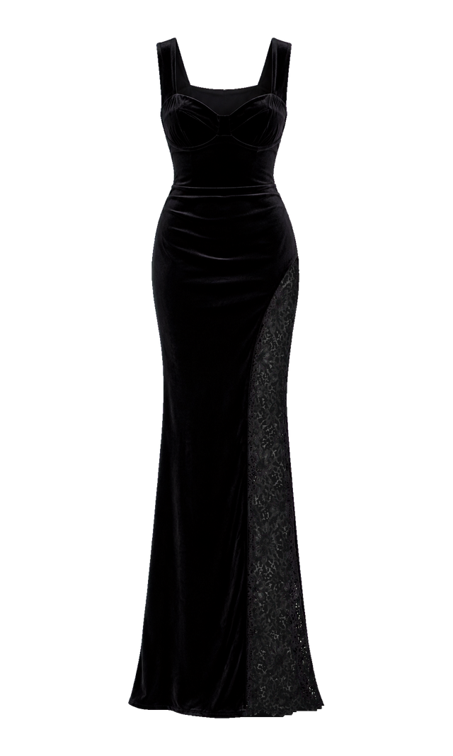 Velour Sweetheart Maxi Dress with Lace Side Panel, Black