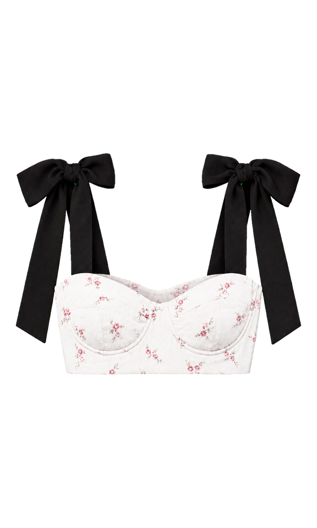 Floral Crop Top with Contrast Bow Straps, White Floral