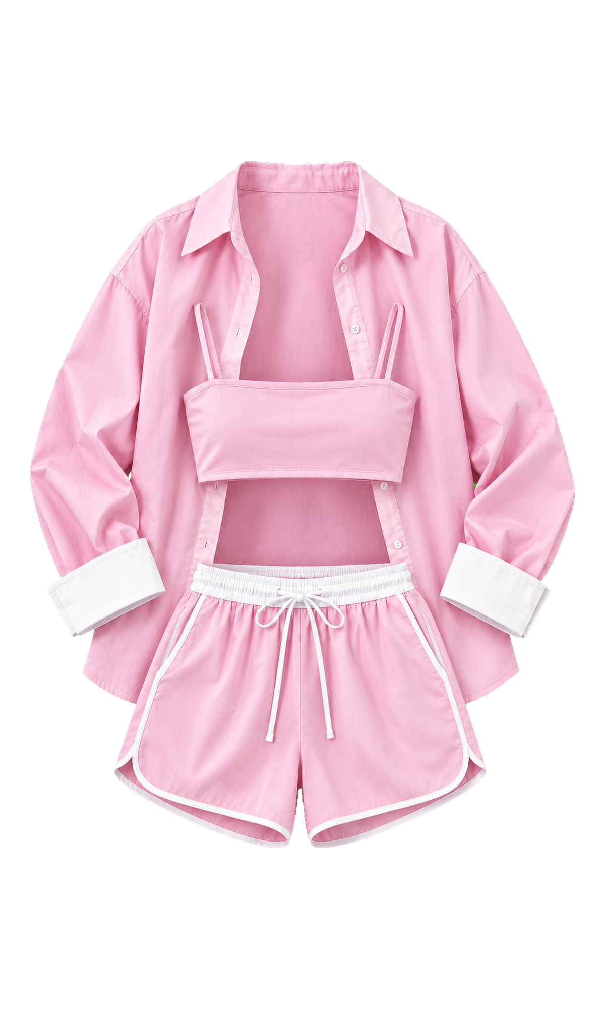 Contrast-Trim Shirt, Strappy Top and Shorts Set