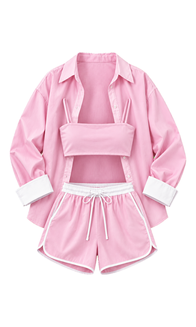 Contrast-Trim Shirt, Strappy Top and Shorts Set, Pink