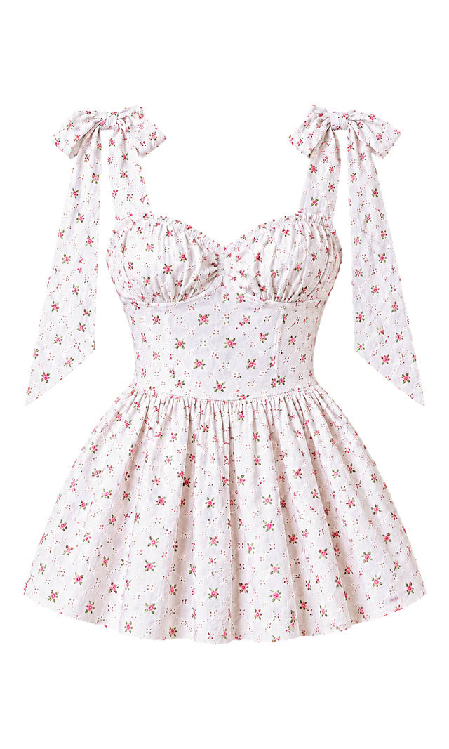 Floral Embroidered Romper with Tie Straps, White Floral
