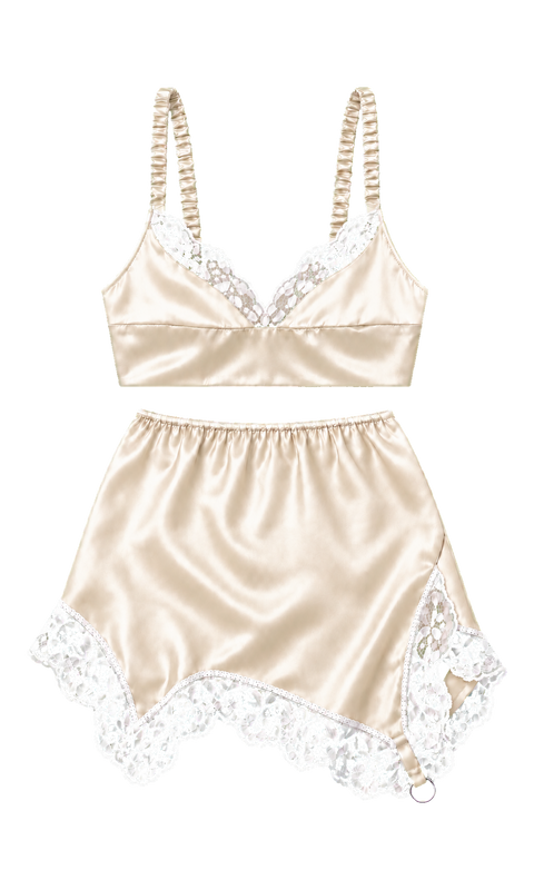 Lace-Trim Bralette and Slip Mini Skirt Set