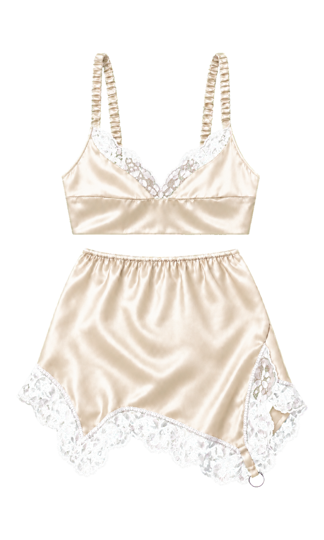Lace-Trim Bralette and Slip Mini Skirt Set, Cream