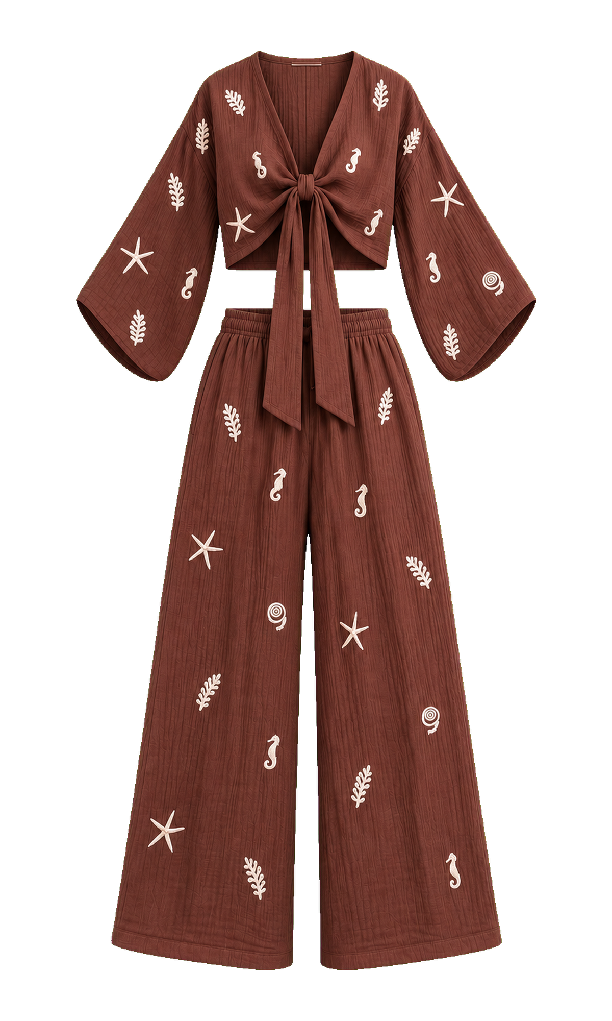 Sea-Motif Tie-Front Blouse and Trousers Set