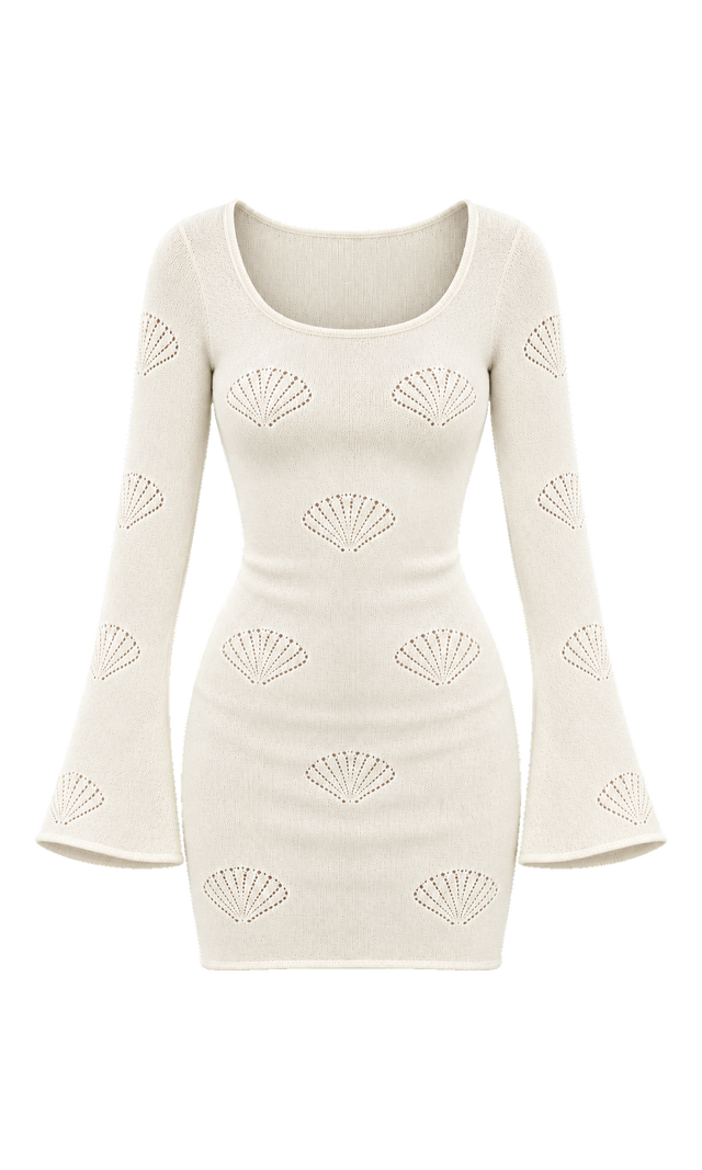 Shell-Motif Knit Mini Dress, Ivory
