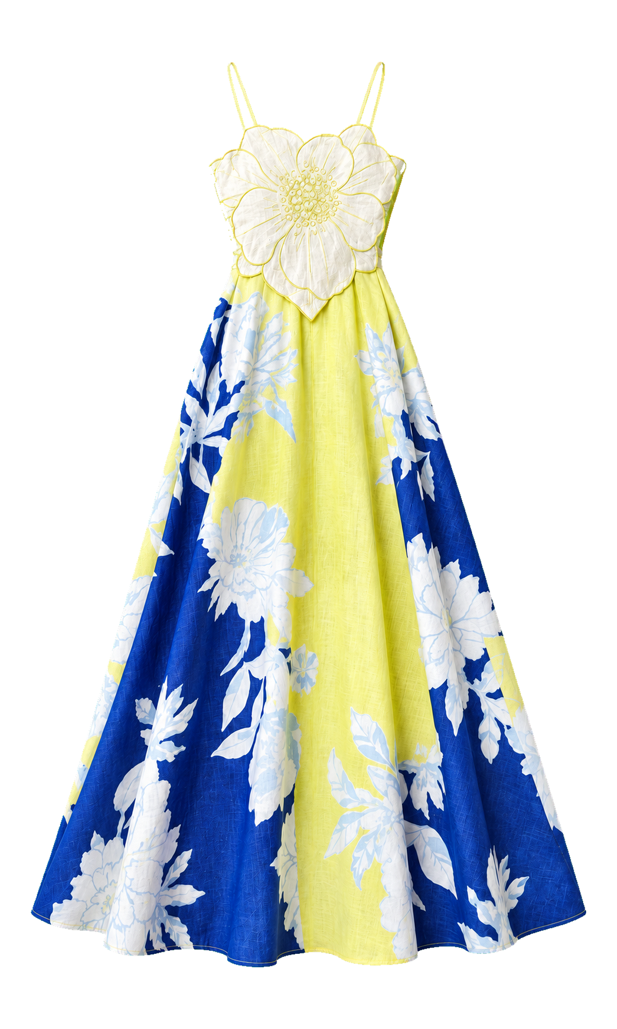 Flower-Bodice Linen-Blend Maxi Dress