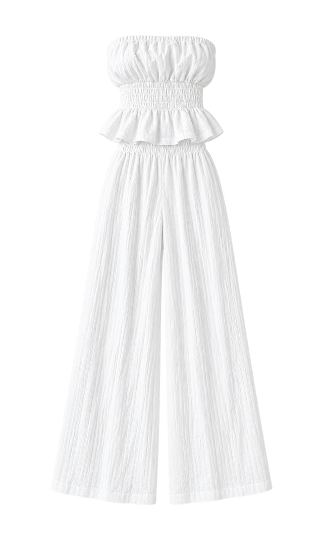 Strapless Ruffle Top and Wide-Leg Trousers Set, White
