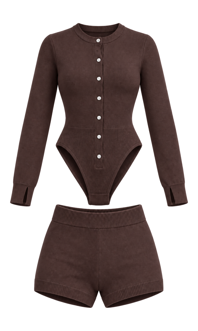 Button-Front Knit Bodysuit and Shorts Set, Chocolate