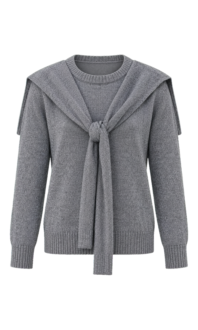 Crew-Neck Sweater with Shoulder-Wrap Detail, Grey
