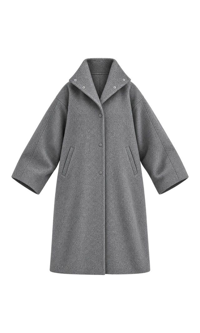 Oversized Stand-Collar Long Coat, Grey