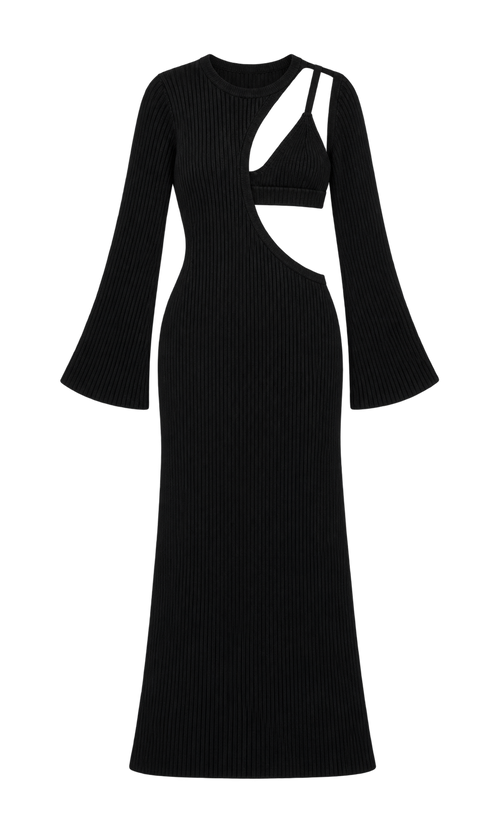 Asymmetric Cutout Knit Maxi Dress with Bra Top in Black, front view