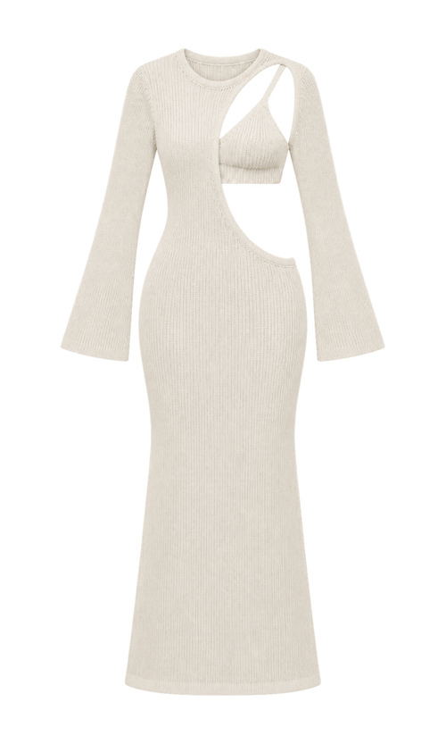 Asymmetric Cutout Knit Maxi Dress with Bra Top in Cream, front view