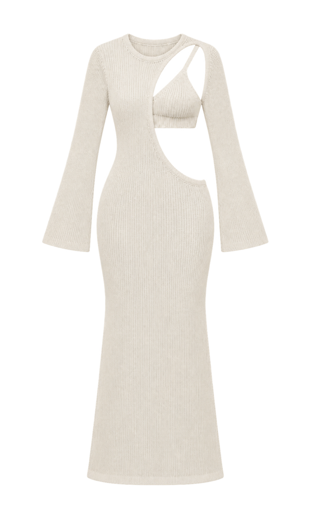 Asymmetric Cutout Knit Maxi Dress with Bra Top, Cream