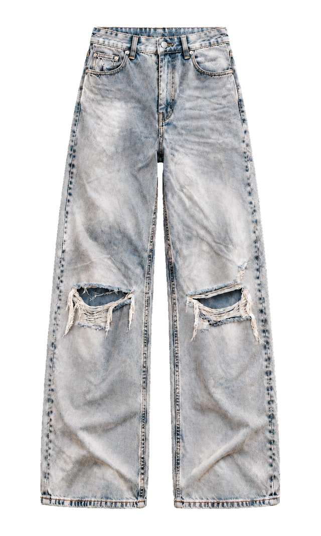 Faded Wide-Leg Jeans with Knee Rips, Light Wash