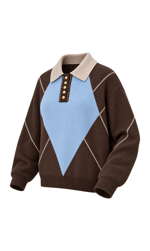 Argyle Knit Polo Sweater in Brown Check, three-quarter view