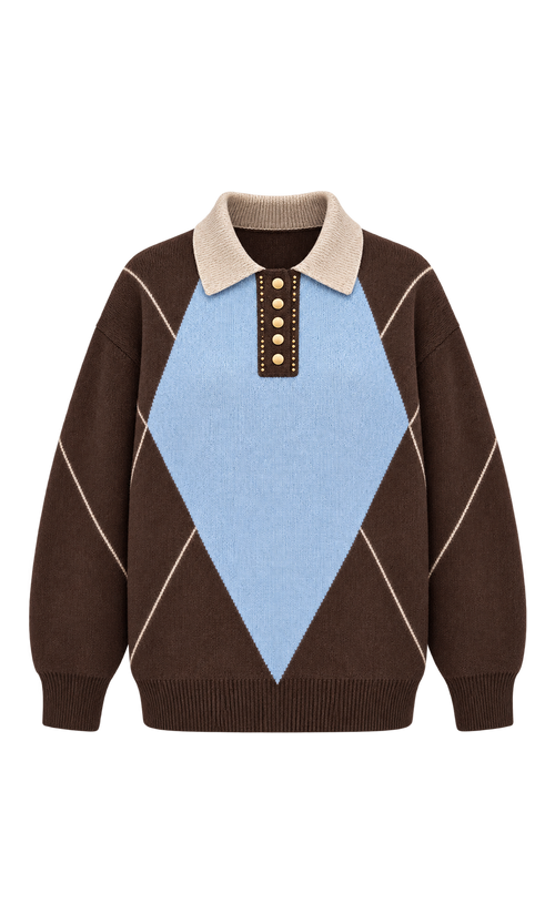 Argyle Knit Polo Sweater in Brown Check, front view