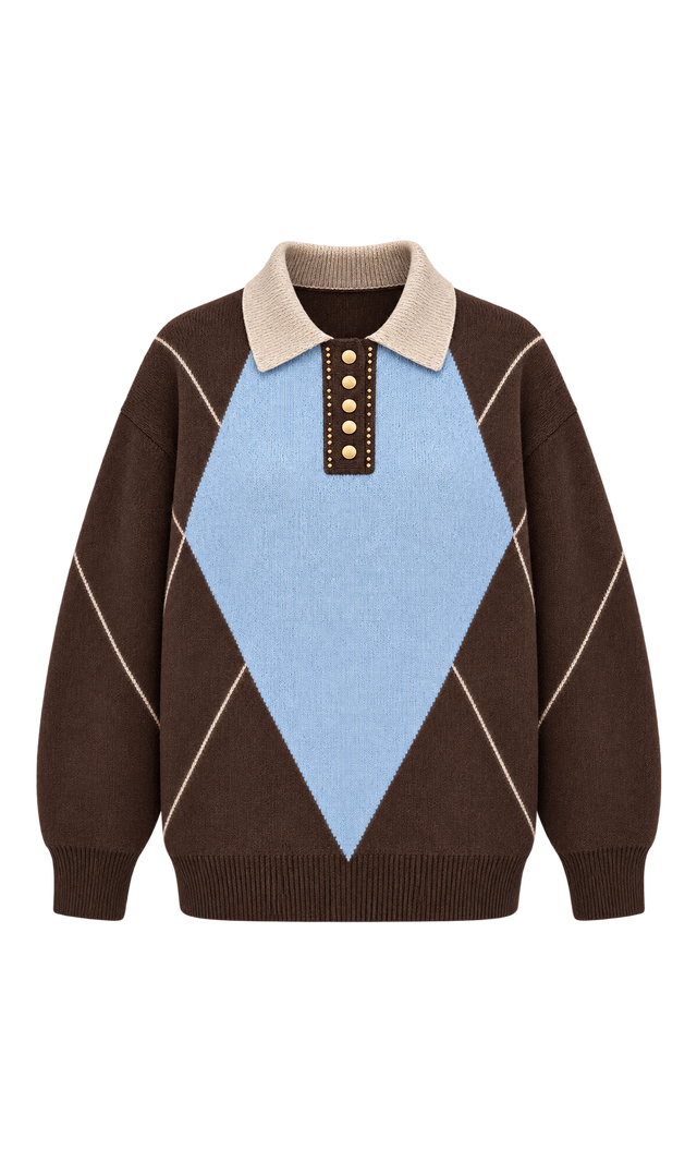 Argyle Knit Polo Sweater, Brown Check