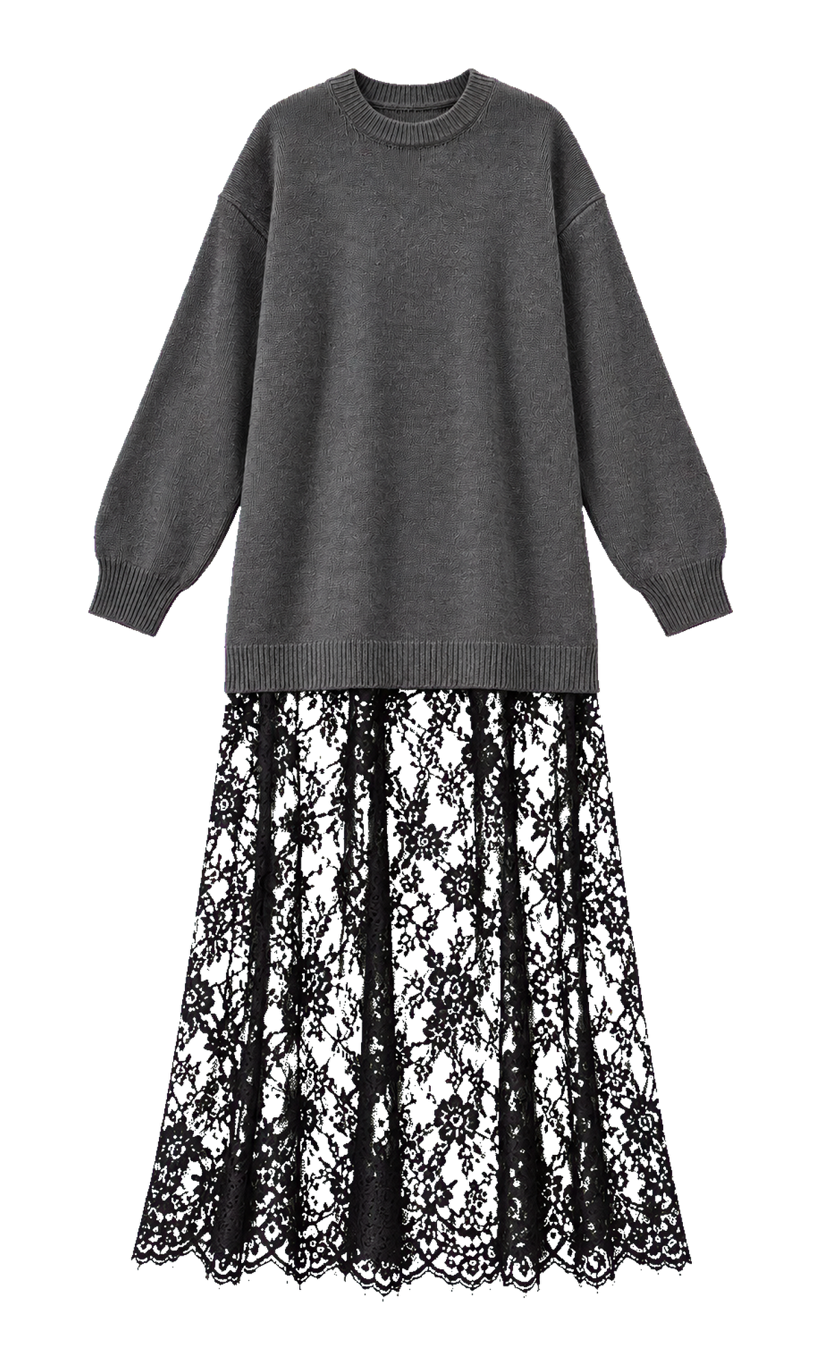 Longline Knit Dress with Lace Hem