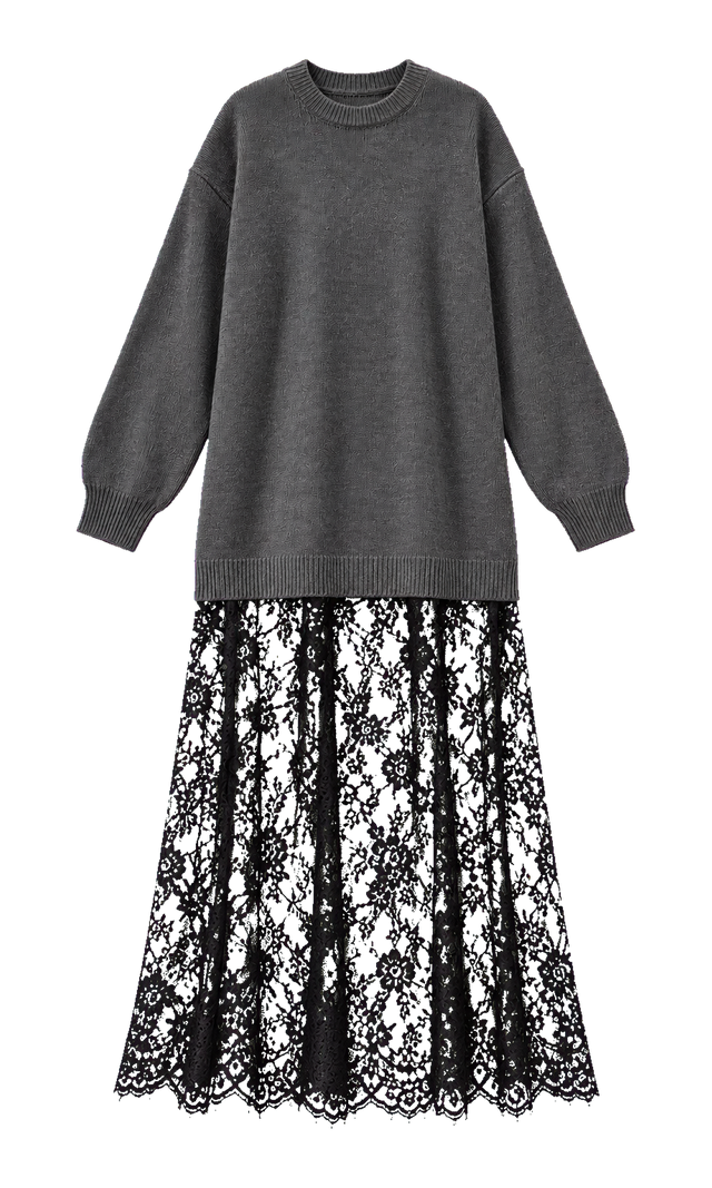 Longline Knit Dress with Lace Hem, Charcoal