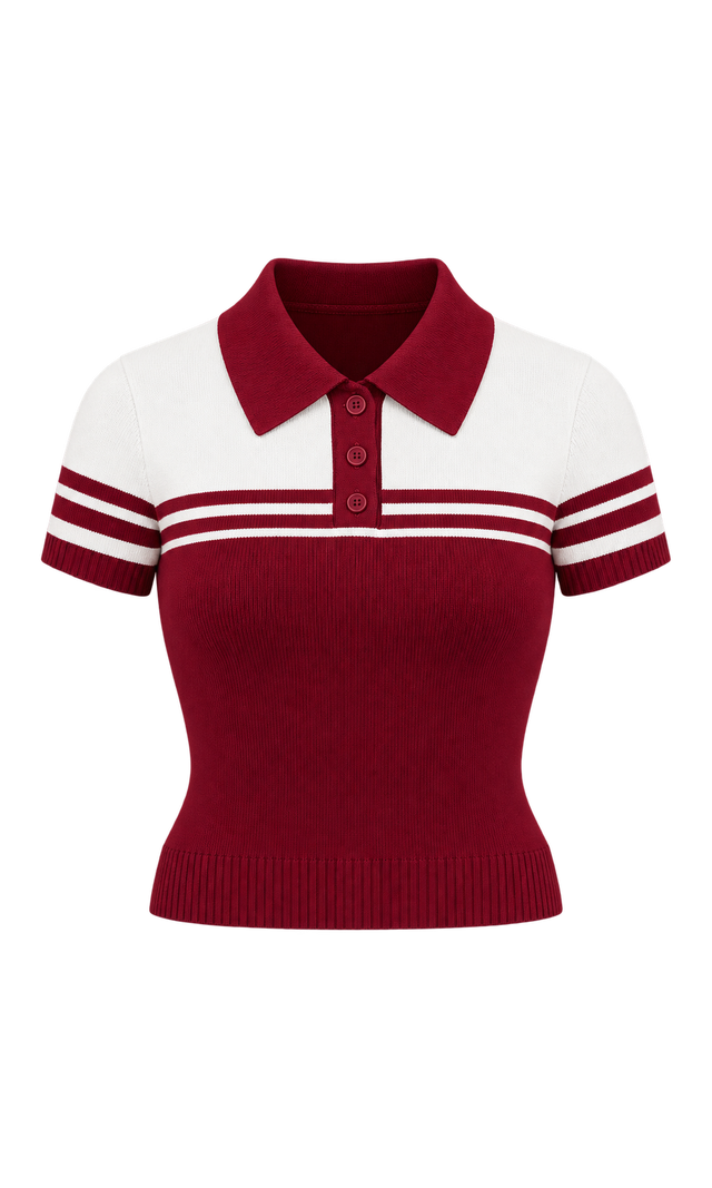 Contrast-Collar Striped Knit Polo Top, Red