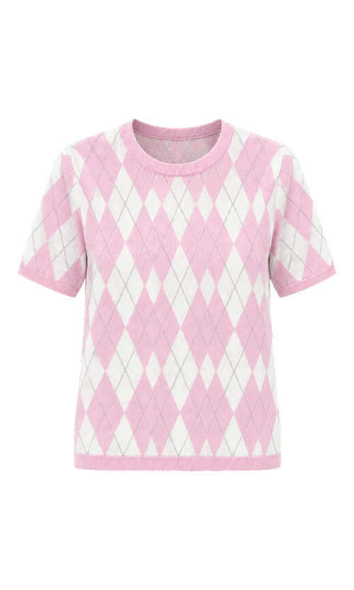 Argyle Short-Sleeve Knit Top in Pink Check, front view