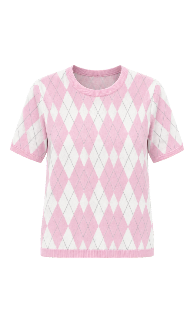 Argyle Short-Sleeve Knit Top, Pink Check