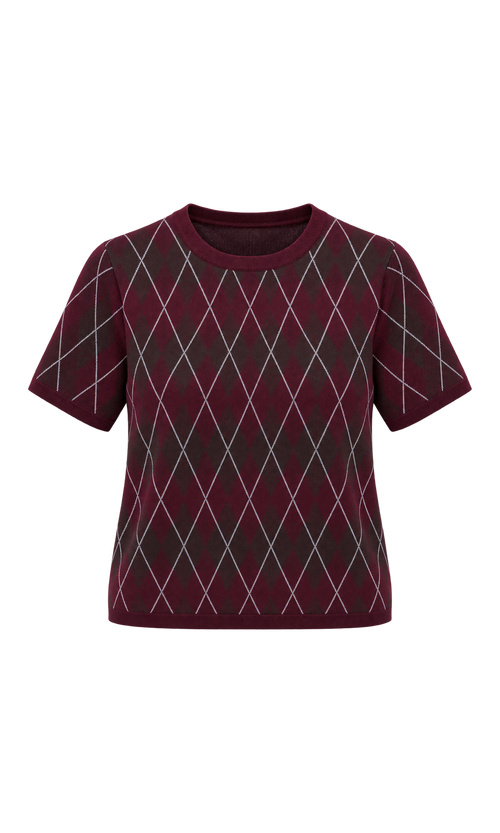 Argyle Short-Sleeve Knit Top in Burgundy Check, front view