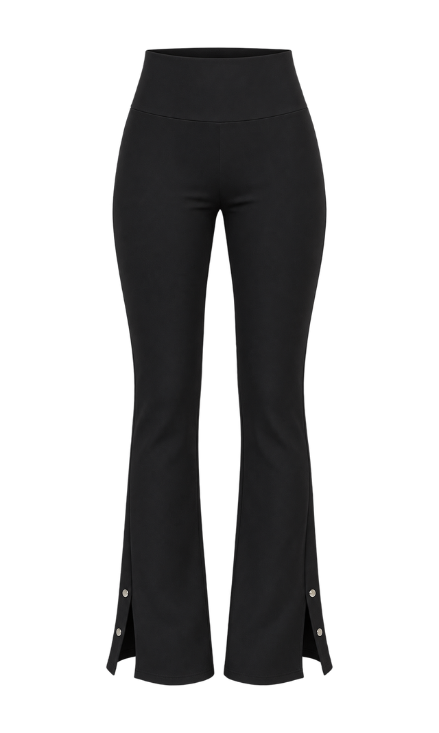 Slim Flared Trousers with Front Hem Slits, Black