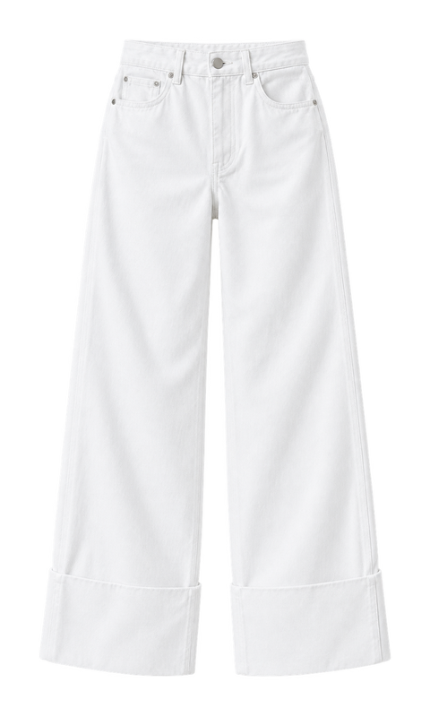 White Wide-Leg Jeans with Deep Turn-Up Cuffs
