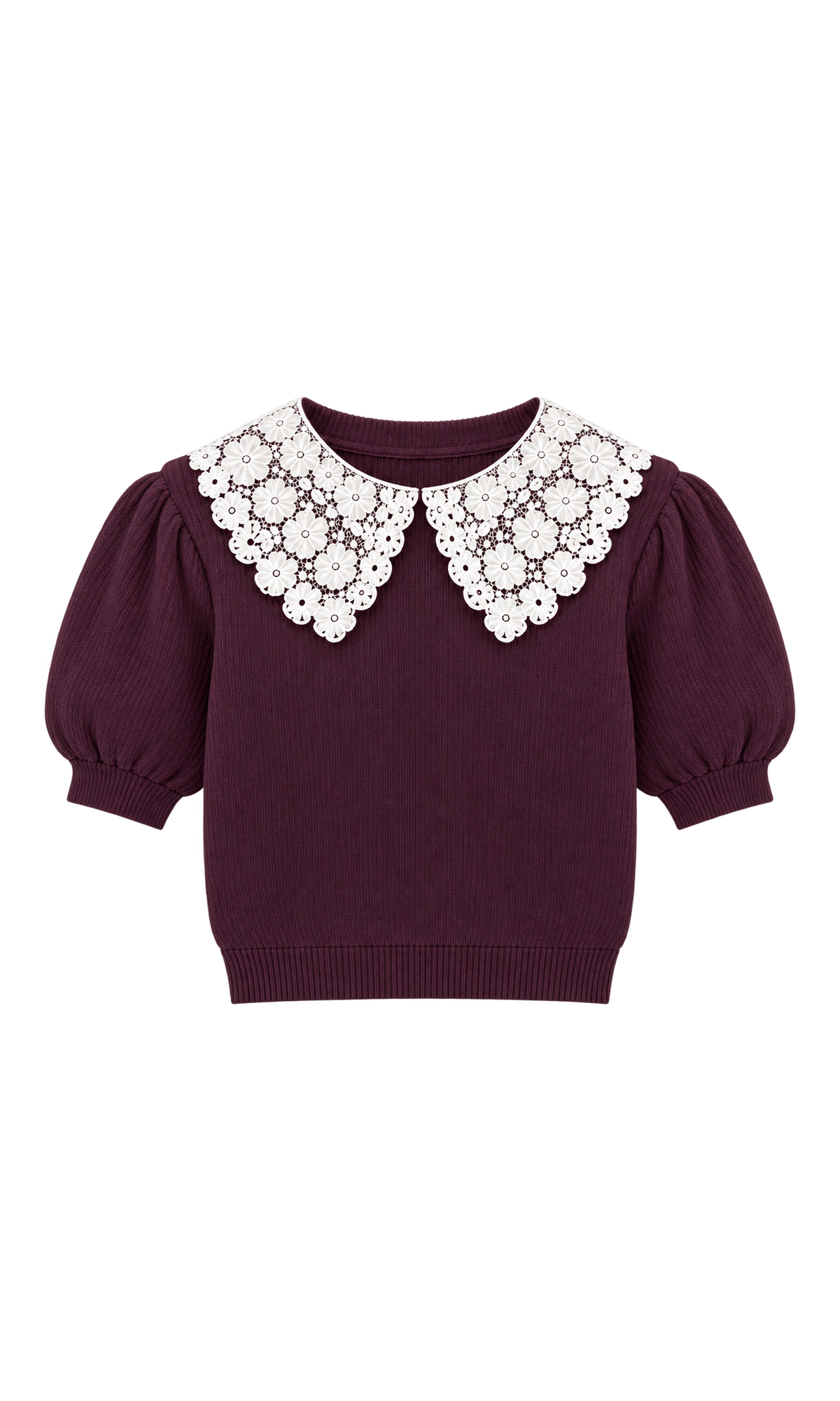 Lace-Collar Puff-Sleeve Knit Top