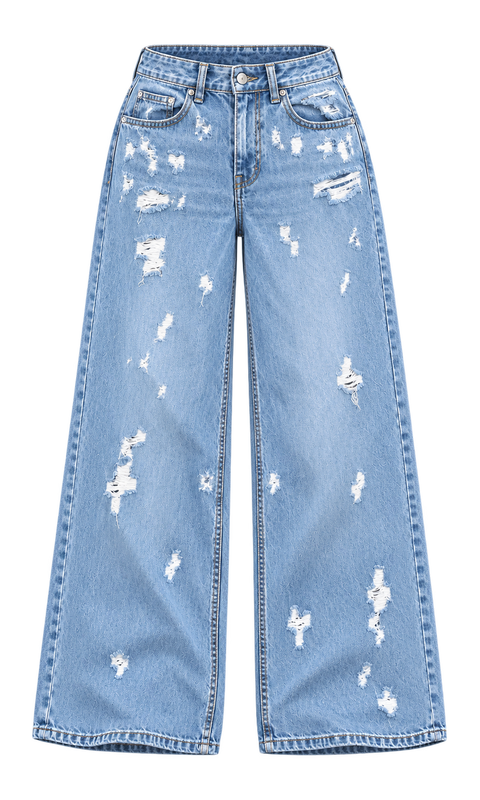Scattered-Distress Wide-Leg Jeans