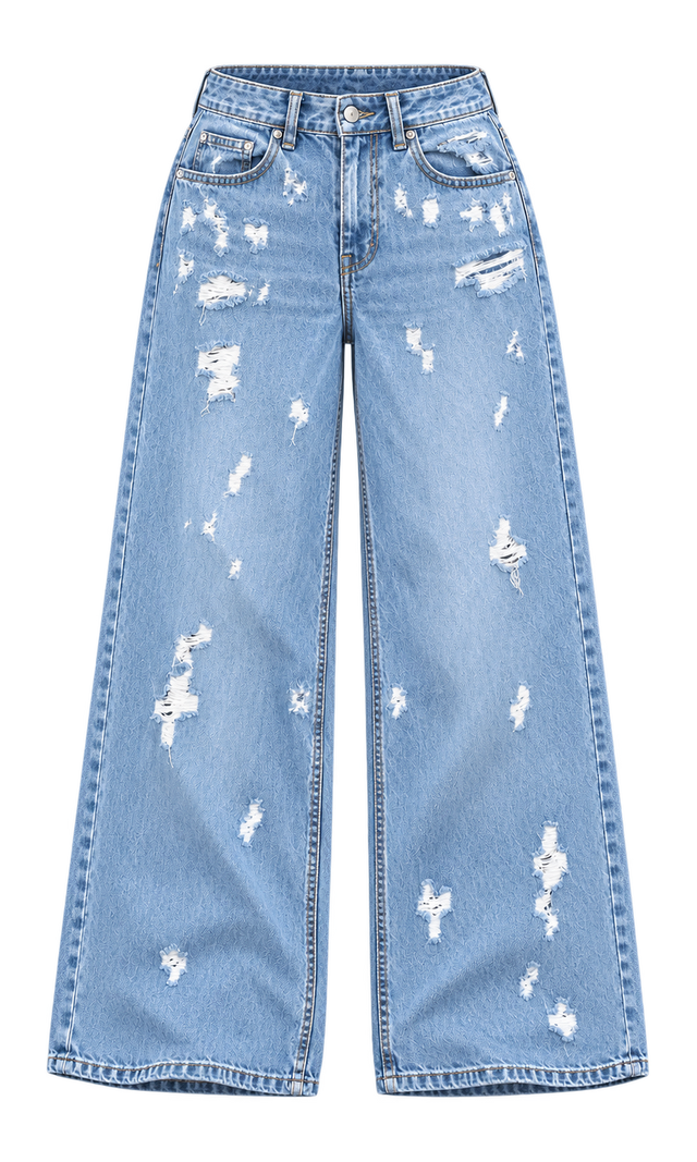 Scattered-Distress Wide-Leg Jeans, Light Wash
