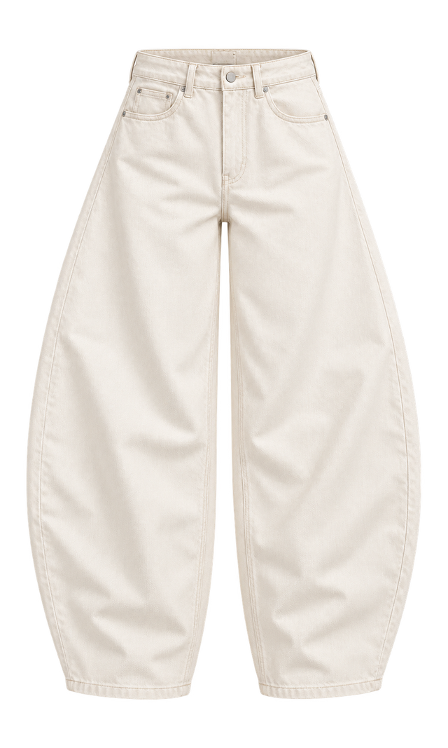 Curved Wide-Leg Cotton Jeans, Cream