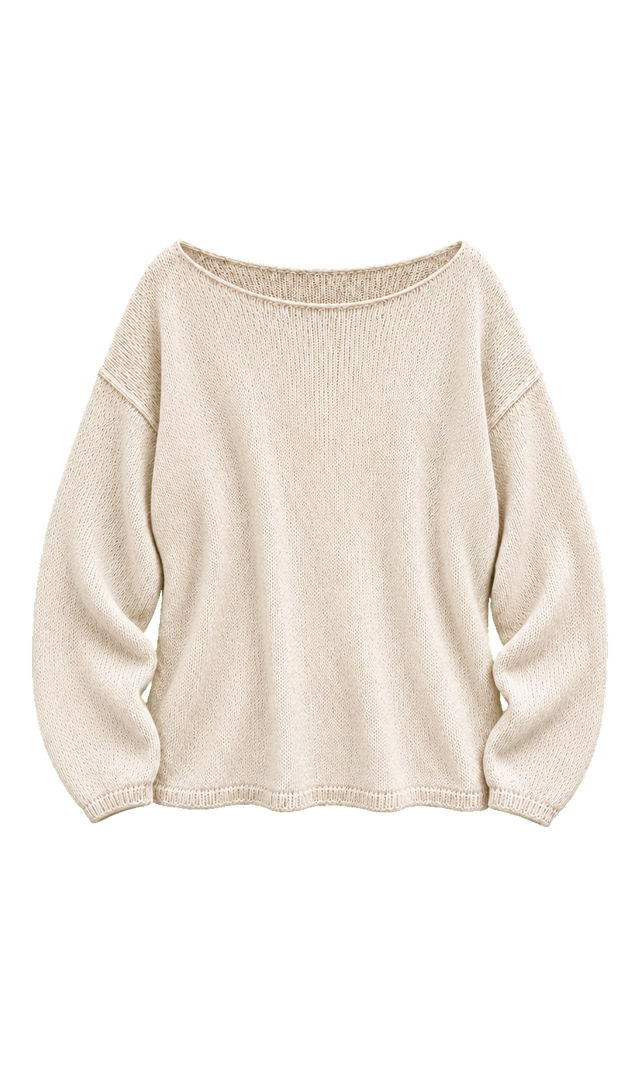 Relaxed Boat-Neck Knit Sweater, Cream