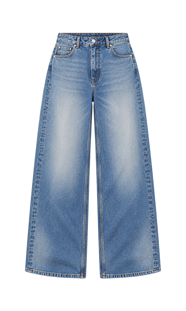 Faded Wide-Leg Cotton Jeans, Light Wash
