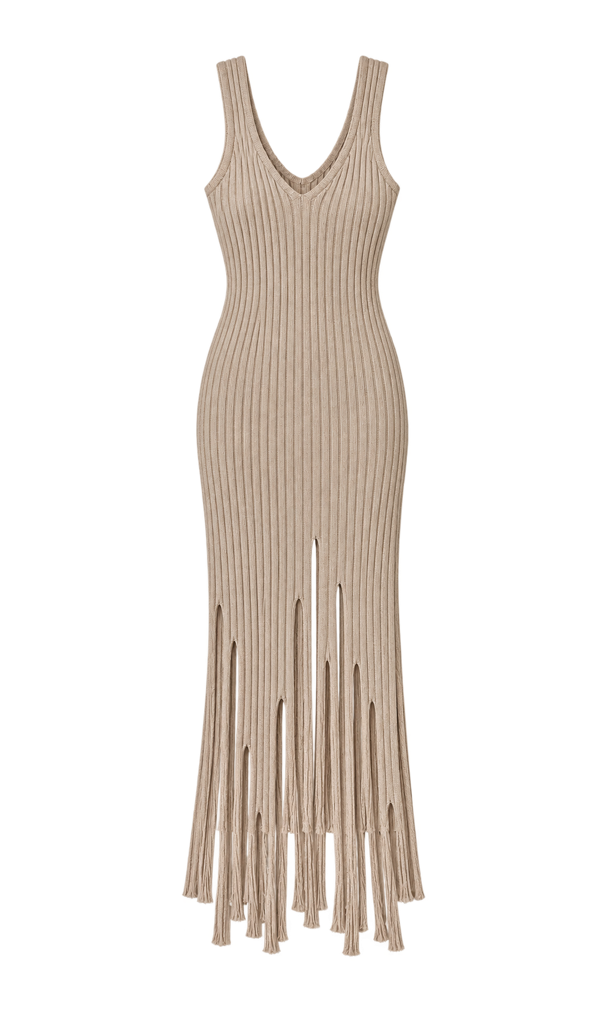 Ribbed Knit Maxi Dress with Fringe Hem