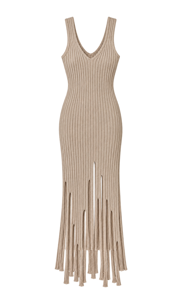 Ribbed Knit Maxi Dress with Fringe Hem, Taupe
