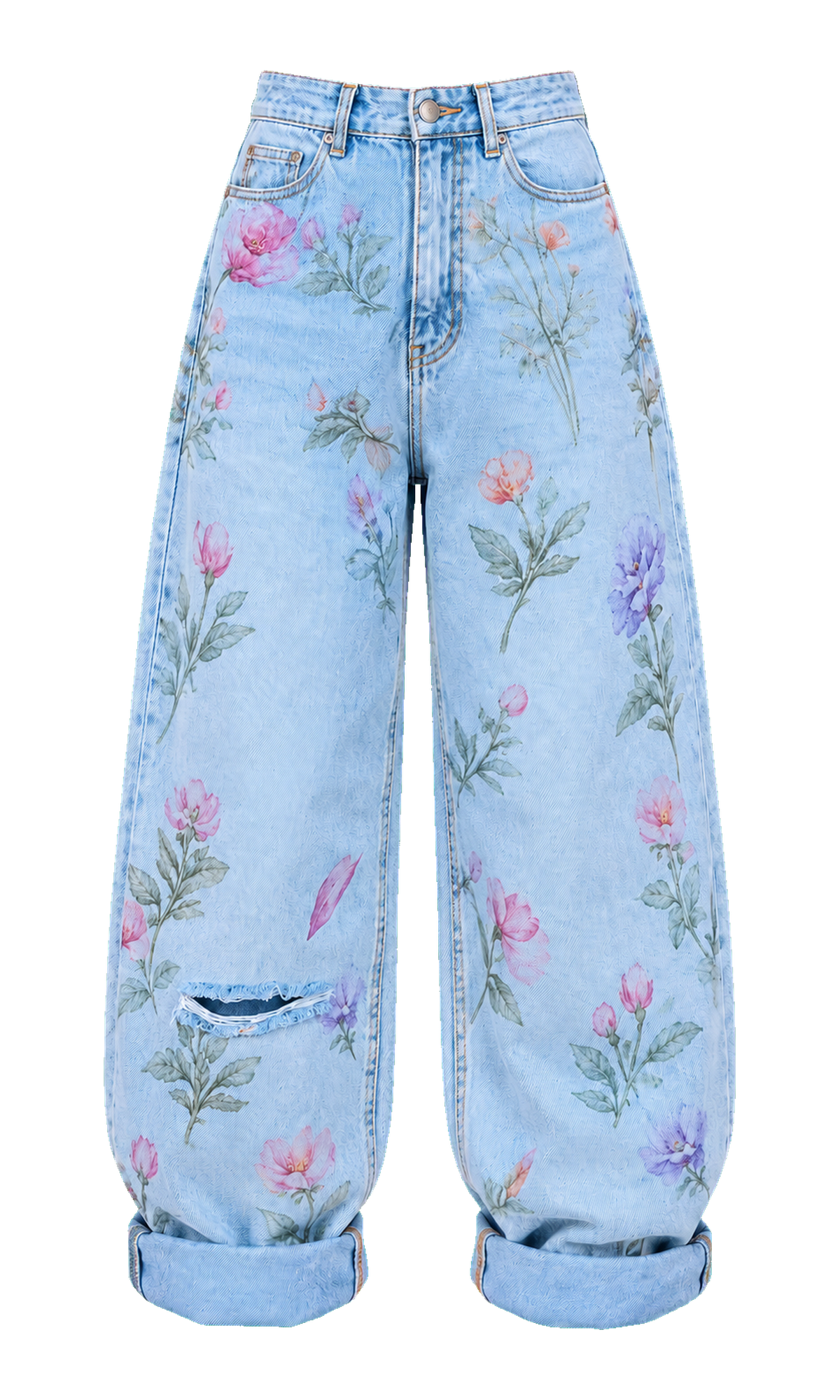 Floral-Print Baggy Cotton Jeans