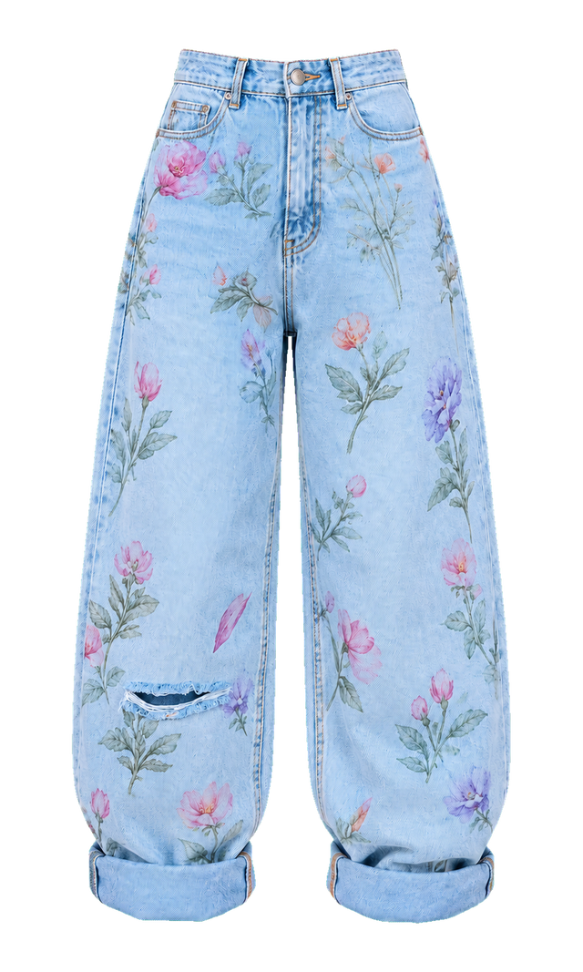 Floral-Print Baggy Cotton Jeans, Light Wash Floral