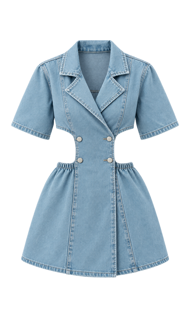Cutout-Waist Denim Mini Dress, Light Wash