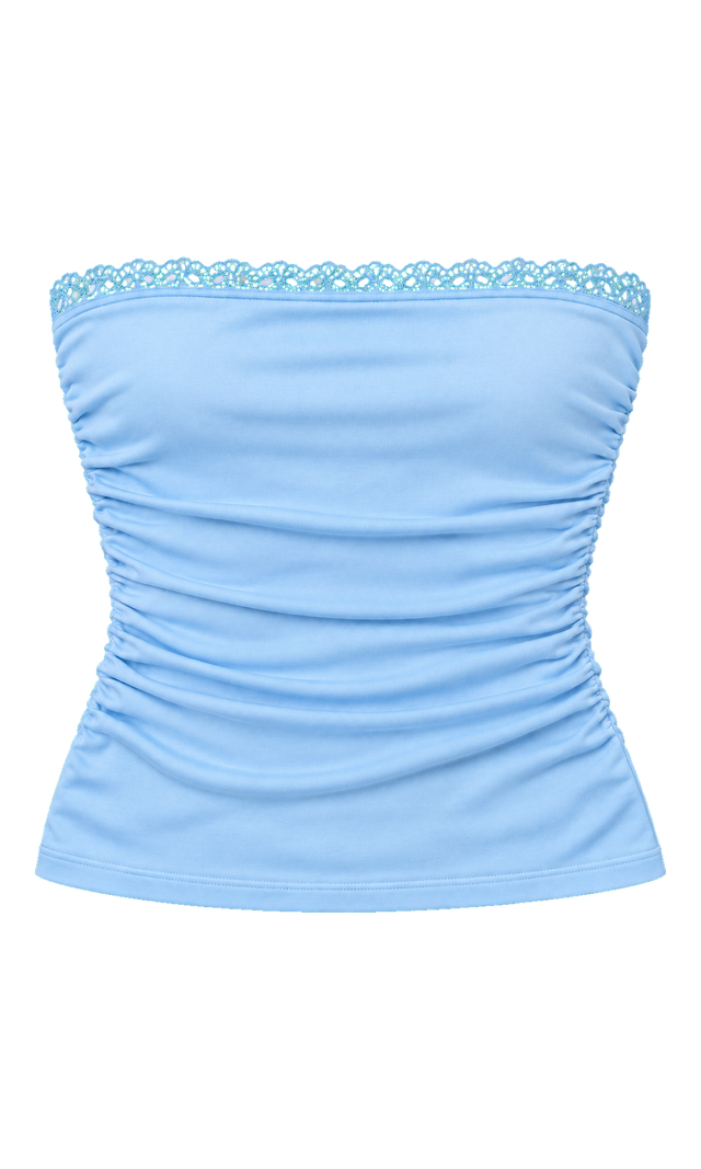 Ruched Lace-Trim Tube Top, Light Blue