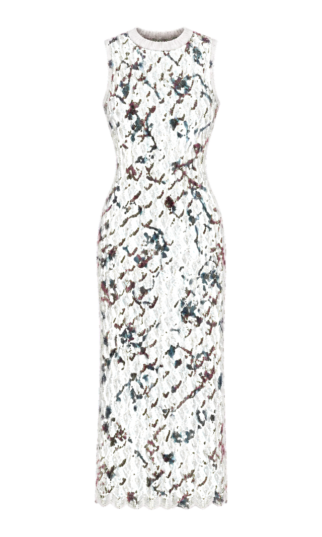 Sleeveless Floral Open-Knit Long Dress, White Floral