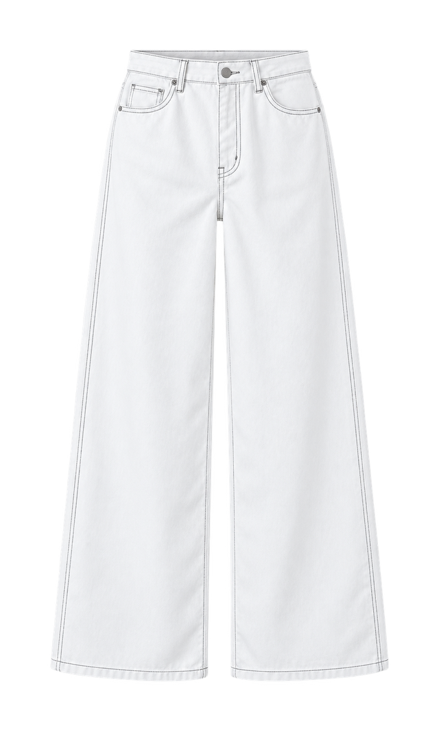 Contrast-Stitch Wide-Leg Jeans, White
