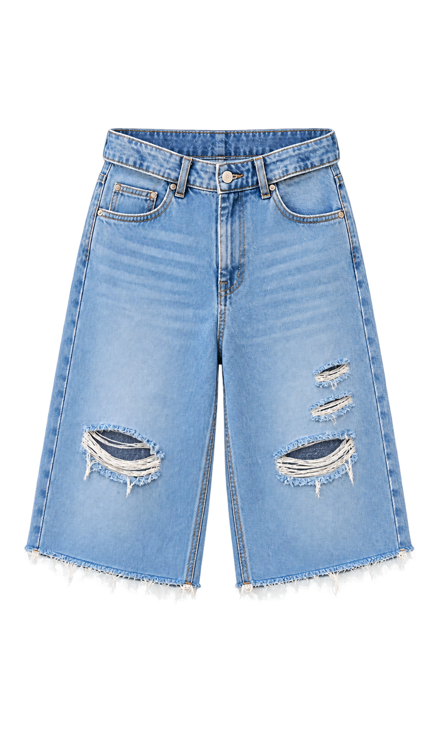 Distressed Denim Bermuda Shorts, Light Wash