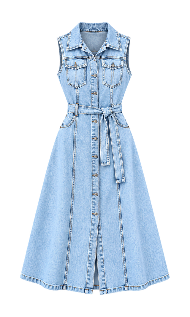 Sleeveless Belted Denim Midi Dress, Light Wash